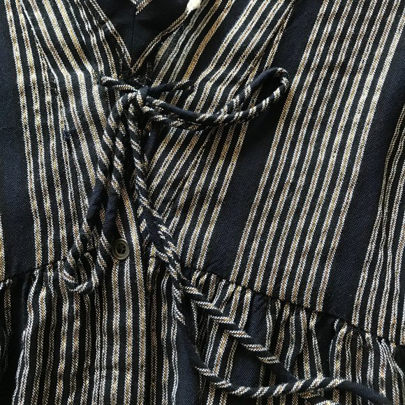 En Creme Blk/Metallic Gold Double V-Neck Flare 3/4 Sleeve Boho Flowy Blouse Lg - Picture 6 of 12